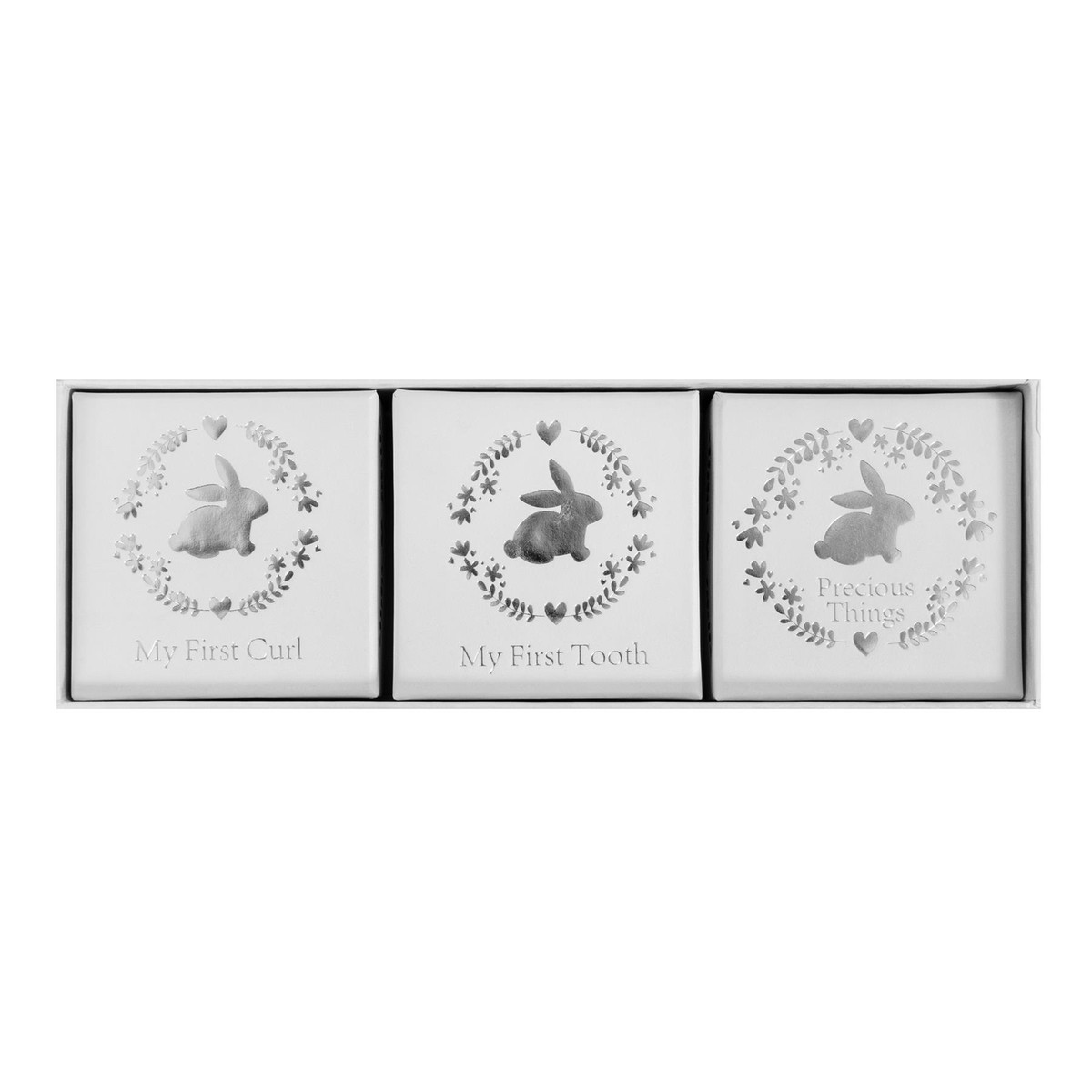 Set Of 3 Keepsake Boxes – For First Tooth, First Curl & Precious Things, Baby Shower Or Christening Gift, White With Silver Bunny Design-918642