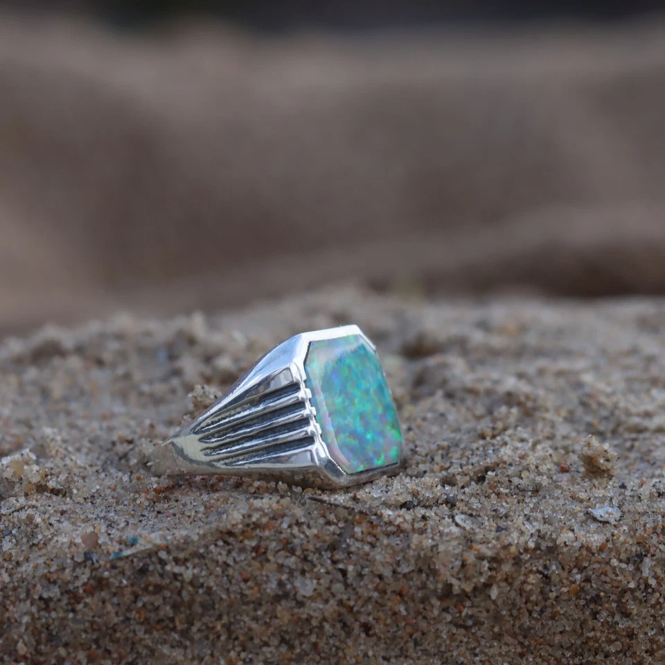 ANEL OPALA DE FOGO ANEL MASCULINO PRATA 925 ANEL OPALA DE FOGO ANEL MASCULINO PRESENTE PARA ELE - Imagem 3 de 4