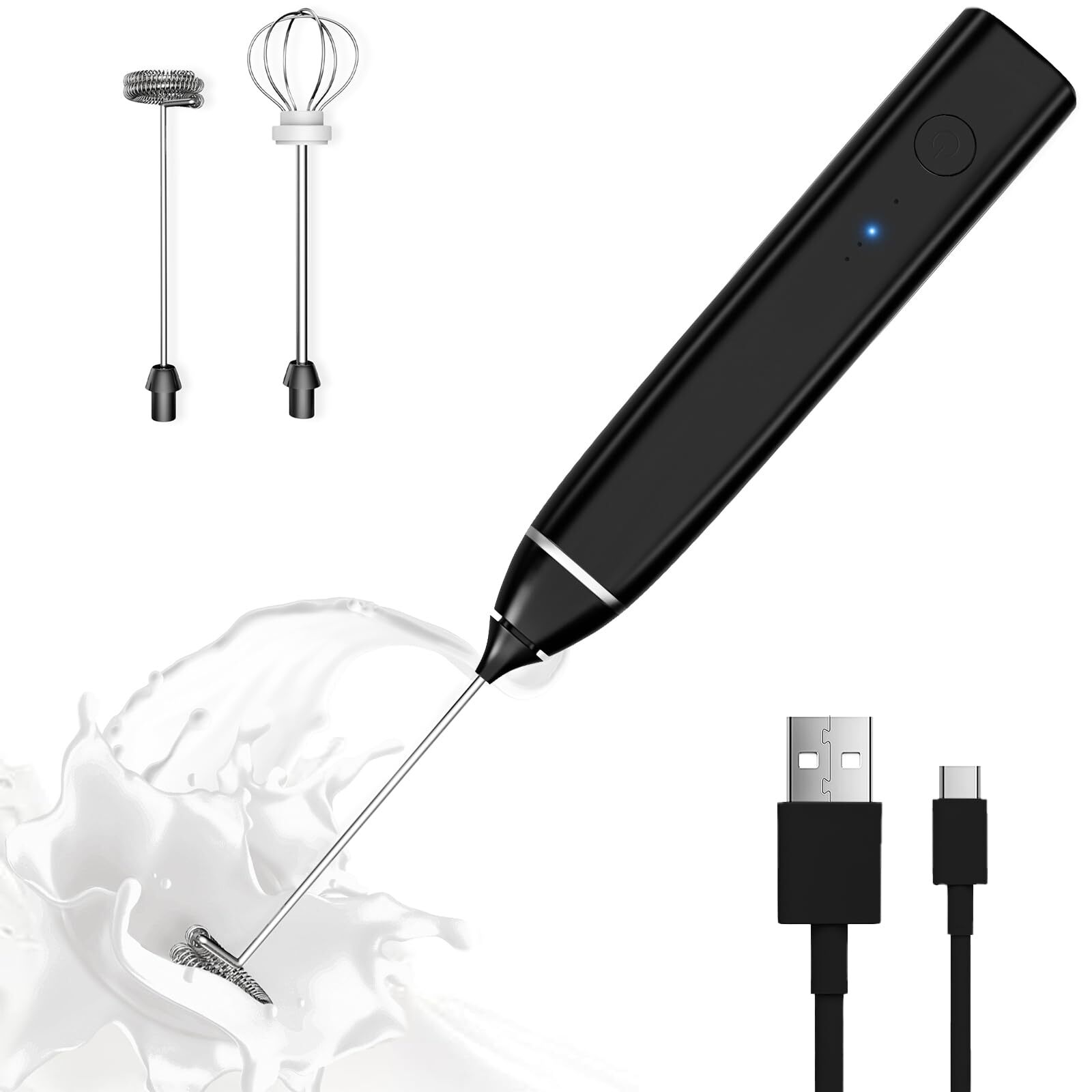 Milk Frother Rechargeable Handheld Electric Whisk Coffee Frother Mixer with 2...