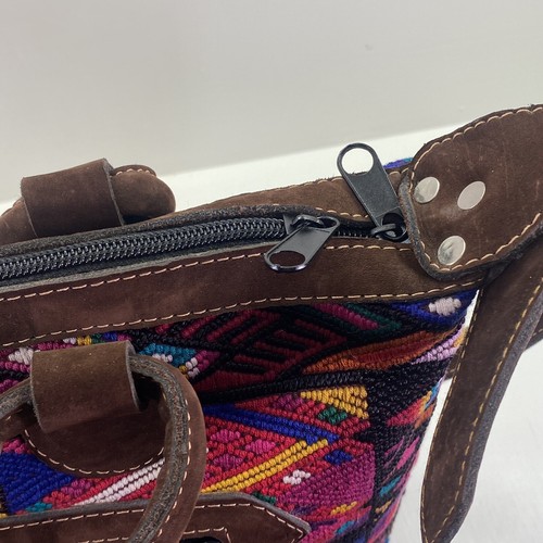 Handmade Huipil Overnight Tote Bag Suede Leather Aztec Boho Crossbody Adjustable - Picture 9 of 12