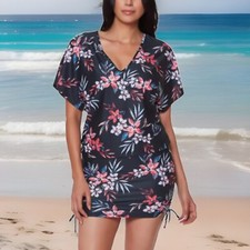 BAR III Tropical Escape Caftan Cover up Size Medium Black Floral Retail 49