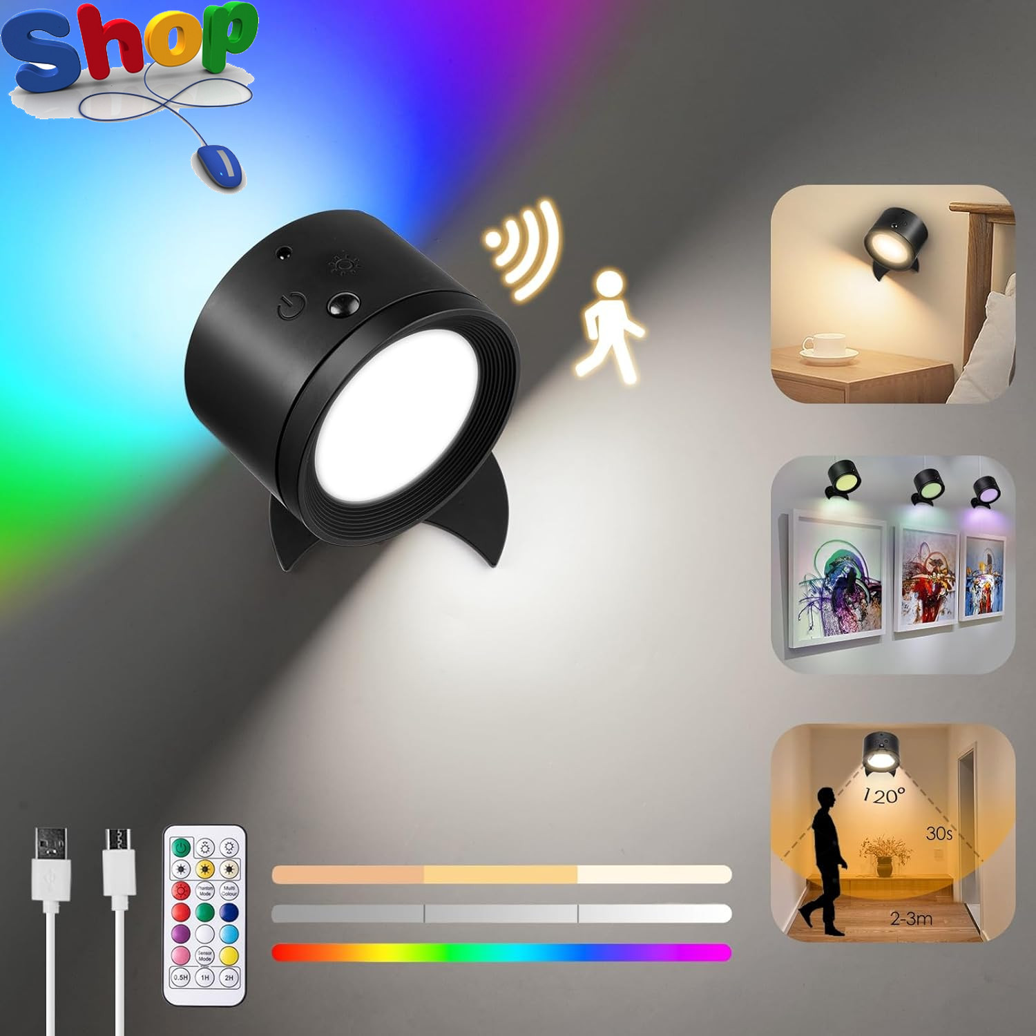 Battery Operated Rechargeable Wall Light Motion Sensor Indoor, Remote and Touch