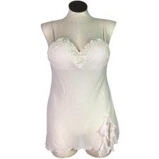 Linea Donatella Nightgown Women L Pink Sheer Babydoll Beaded Sequined Lace Bride