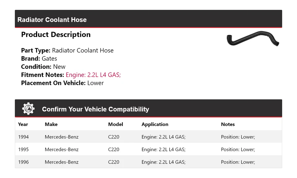 适用于 1994 - 1996 梅赛德斯 - 奔驰 C220 2.2L L4 气体散热器冷却液软管下门 — 第 2/4 张图片