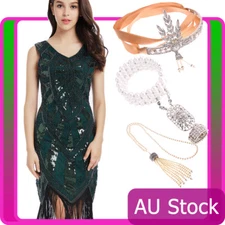 Ladies 20s 1920s Green Roaring Flapper Costume Sequin Gatsby 20's Fancy Dress