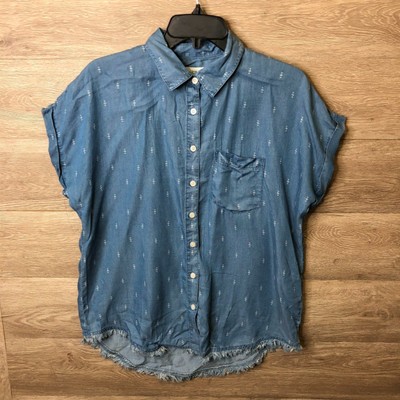 Thread & Supply Womens Small Blue Frayed Hem Chambray Shirt NWT