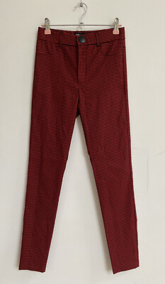 ZARA Red Checked Gingham High Waisted Super Skinny Trousers Leggings S  UK