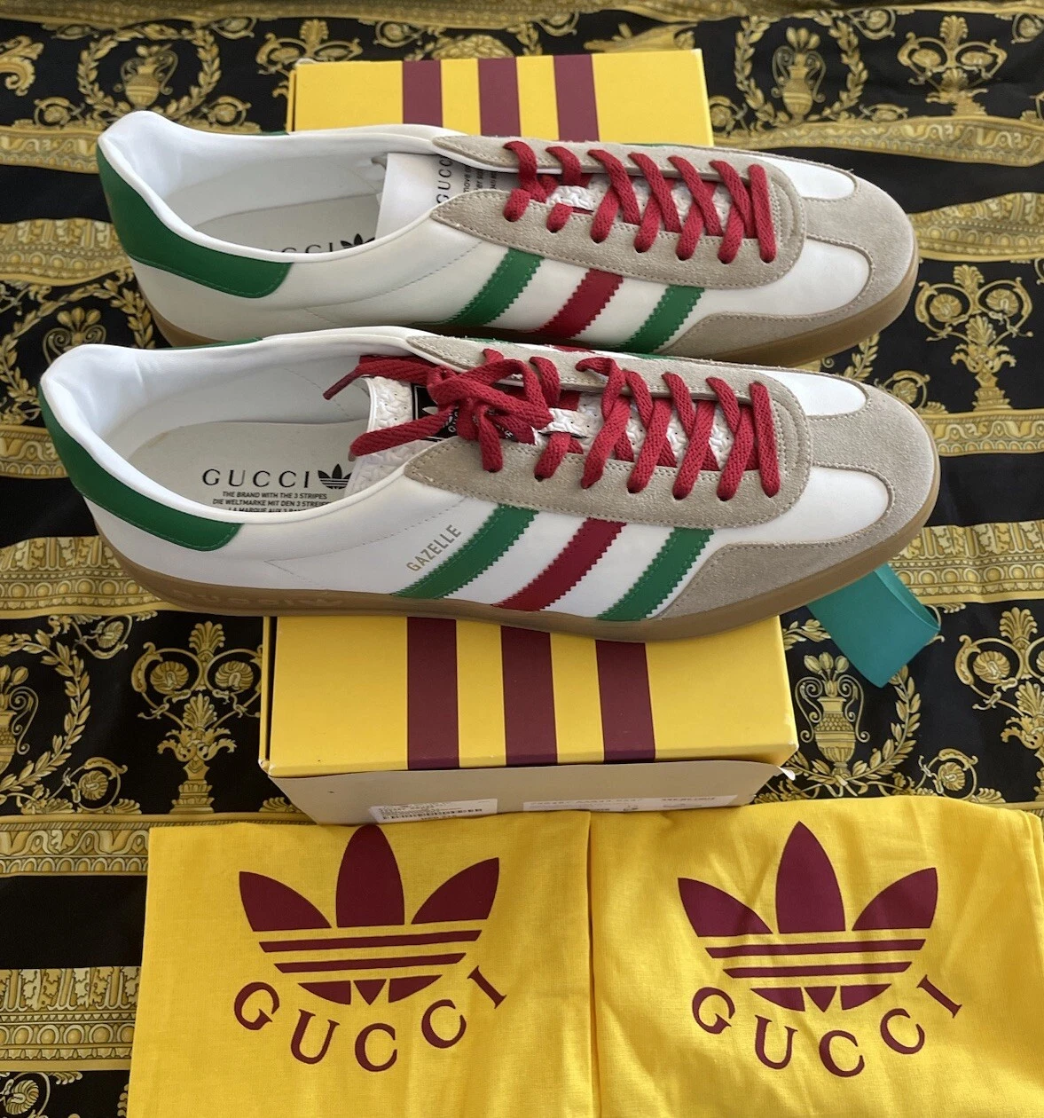 BASKETS 100 % AUTHENTIQUES GUCCI x ADIDAS GAZELLE BLANC VERT ROUGE US 16