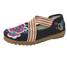 Womens New Black Floral Handmade Embroidered Flower Fabric Flats Shoes size 7.5M