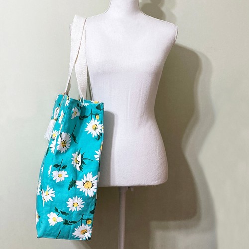 Daisy Canvas Tote Bag Turquoise Blue Large Cotton Reusable Shopper Colorful - Picture 2 of 7