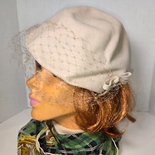 The Marston Co. Tan Wool Hat w/Bows Rhinestones Netting Womens Hat USA MCM VTG