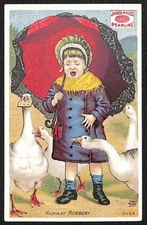 James Pyle's Pearline Victorian Trade Card "Highway Robbery" Girl w/ Geese