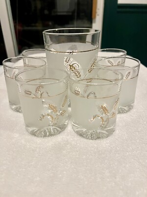 Vintage MCM Devalbor Covetro Gold Wheat Frosted Rocks Tumblers Ice Bucket Italy