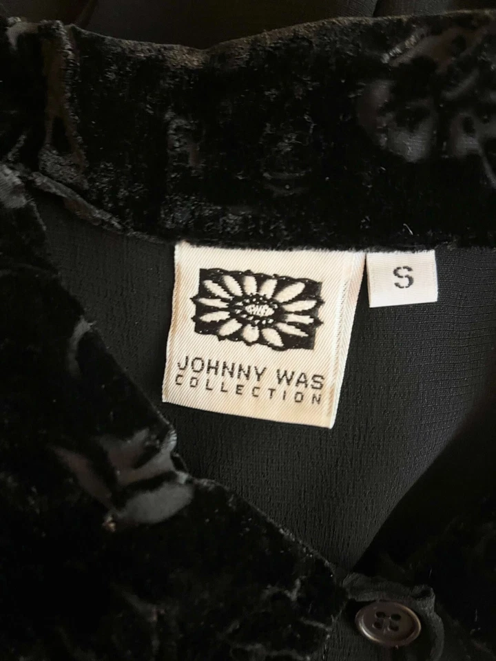 Vestido de crepé negro transparente Johnny Was talla S vintage de los años 90 ribete de terciopelo Foto 2 de 4