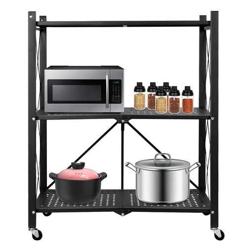 Foldable Storage Shelves 3/4-Tier Metal Rack with Swivel Wheels for Home Kitchen - Picture 16 of 16