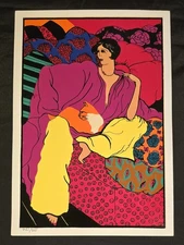 Vintage Psychedelic Print by Piacente – Reclining Woman with Cat. Numbered 13x9"