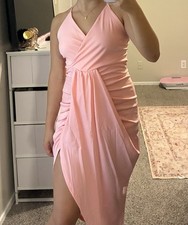 LYANER Women’s Pink Satin V-Neck Ruched Bodycon Midi Dress Spaghetti Strap M