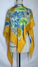 VIBRANT women s Silk Satin Scarf A Yellow Blue Floral Design 92"/50" FAIR.CON