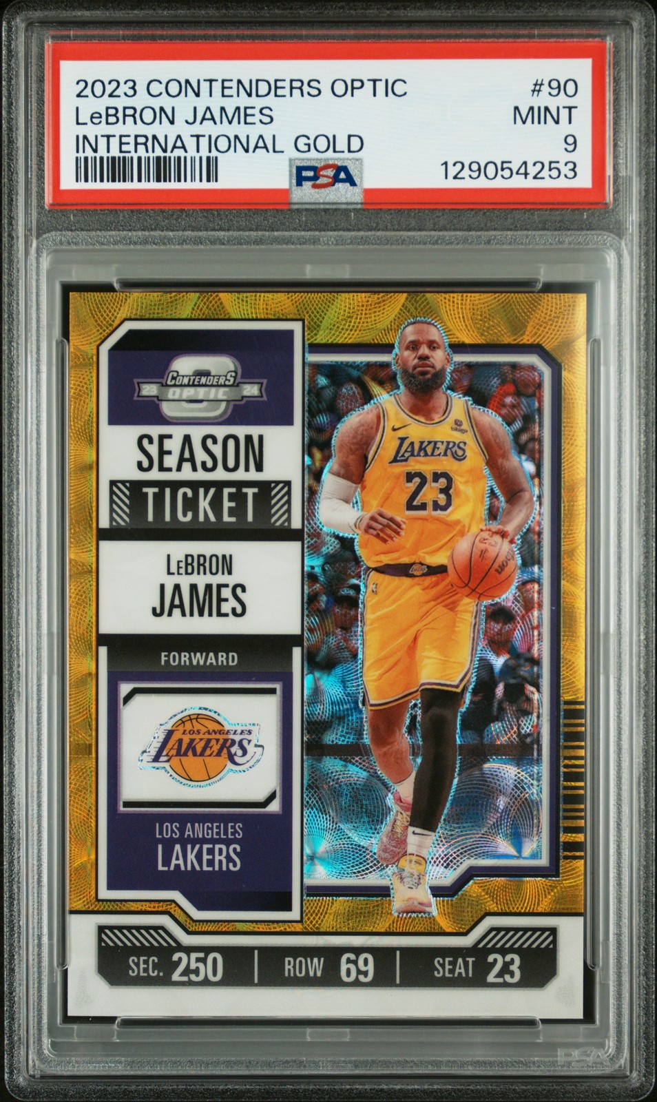 2023 PANINI CONTENDERS OPTIC INTERNATIONAL GOLD #90 LEBRON JAMES 8/10 PSA 9 view 1