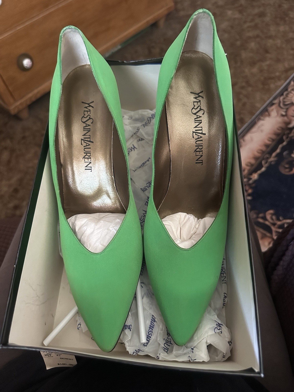 SAINT LAURENT Pompa donna vintage YSL verde crepe fantasia taglia 10