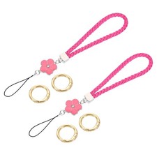 2Pcs Wristlet Lanyards, 4.7" Leather Keychain Strap with Flower Charm, Rose Red