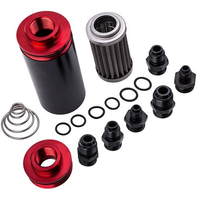 Black & Red AN6/AN8/AN10 Inline Fuel Filter High Flow 0.1mm 100 Micron Cleanable