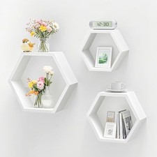 Set of 3 Wooden Hexagon Wall Shelves - Modern Decorative Storage for White
