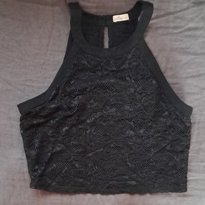 Hollister Black Solid Lace Halter Neck Sleeveless Cropped Tank Top S