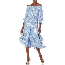Tahari New Smocked Dress Asymmetrical Ruffle Hem Blue Paisley NWT Women Size 16