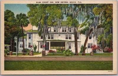 1940s NEW SMYRNA, Florida Postcard ALBA COURT INN Hotel / Street View - LINEN