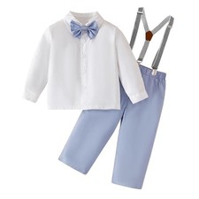 Toddler Boys Formal Suit Long Sleeve Dress Shirt Bowtie Suspender 3-4T Blue