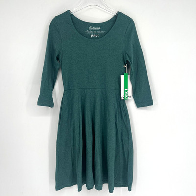 Pact Fit & Flare Dress Womens S Green Organic Cotton Stretch Sustainable Pockets