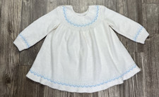 Vintage Baby Sweater Dress White with Blue Trim Soft Long Sleeve Size 12Mo