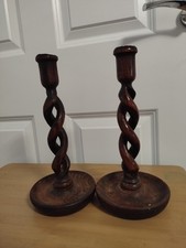 Antique Oak Barley Twist Candle Sticks pair
