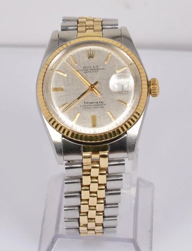 Rolex Datejust 1601 Steel & Gold 36mm Wristwatch Tiffany & Co Linen Dial No Box