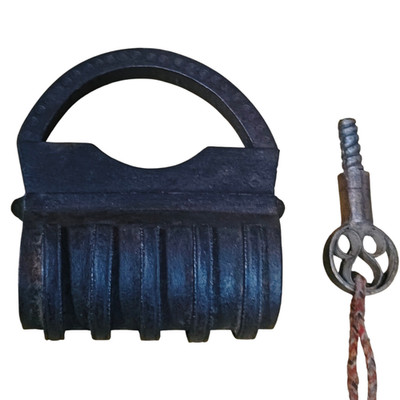 Vintage Old Antique Heavy Iron Unique Shape Pad Lock With Key , Collectible
