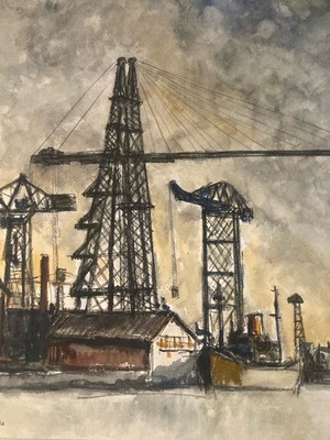 Very Beautiful Gouache Painting 1950 Naval Shipyard Marseille Boat Sea Antique