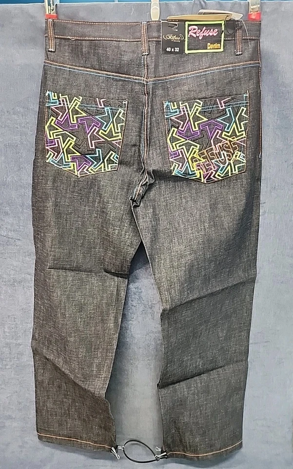 Refuse Denim Embroidered Rainbow Logo Pocket Jeans Y2K NEW OS 40x32 CL10-14 - Image 2 of 4