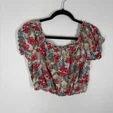 American Eagle S Tropical Hawaiian Floral Cotton Linen Off The Shoulder Crop Top
