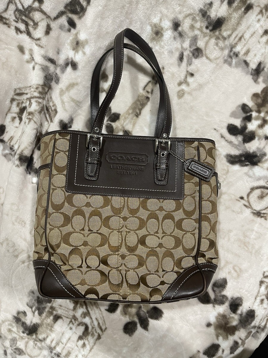 Coach Signature Brown Leather Canvas Zip Medium Tote Bag Vintage