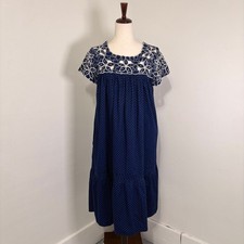 Vintage 70s Navy Blue Polka Dot Babydoll Dress OS