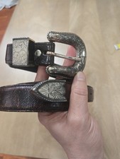 Vintage Nocona USA Western Leather Belt Size 42 3-Piece Silver Tone Buckle Set
