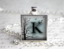 Custom Initial Over Tree & Birds Pendant Charm or Key Chain 1" Square Setting