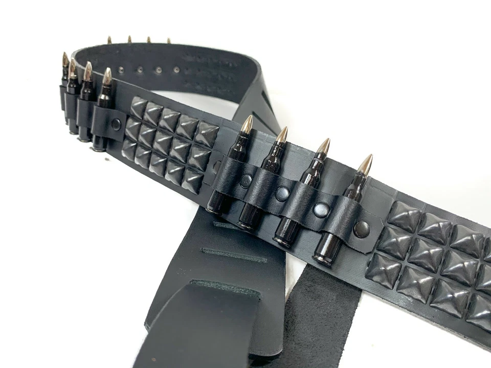 Pulseira de guitarra preta cravejada calibre .223 bala couro genuíno real capa verde  - Imagem 3 de 4