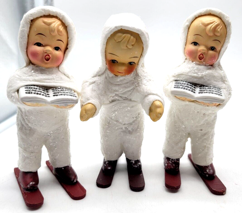 3 Vintage 1960's Skiing Ceramic Snow Babies with Wood Skies