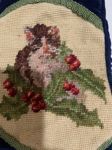 Unbranded Blue Velvet Lined Christmas Stocking w/ Kitten & Holly Needle Point - Picture 2 of 6