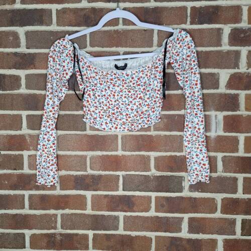 Forever 21 Women Square Neck Top Long Sleeve Cropped Floral Blouse NWT Size Smal - Picture 1 of 12