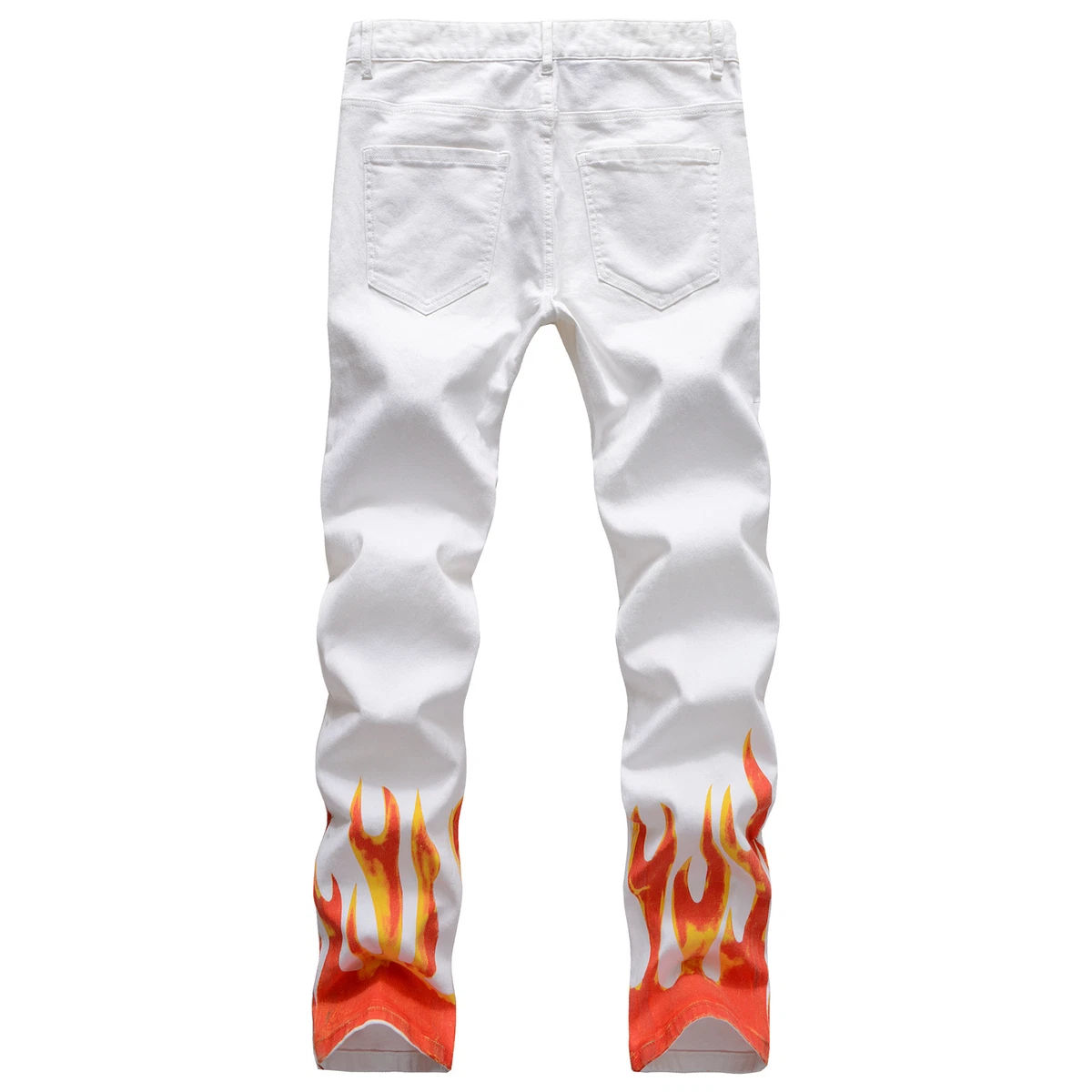 Men White Flame Print Pants Straight Casual Trousers Summer Skinny Denim Jeans