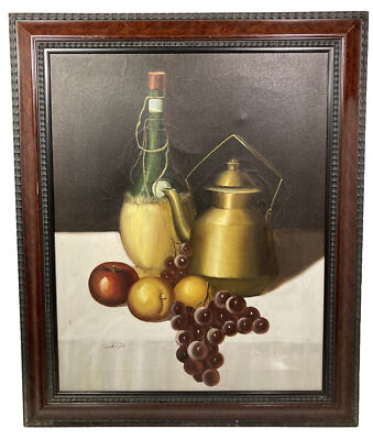 Original Oil on Canvas Sill Life w/Fruit & Kettle-Famed 24x20 -Signed Cockerill