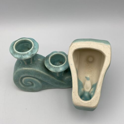 Vintage MCM Double Light Pottery Candlestick Pair Aqua Sea Blue Green - Picture 7 of 12